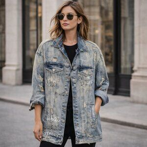 Zara NWT Distressed Ripped Oversized Longline Denim Jacket | M | Brand New